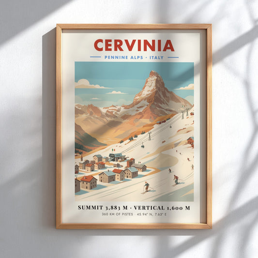 Cervinia ski resort poster featuring the Matterhorn in vintage style with warm colors