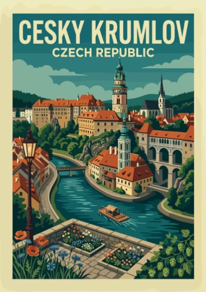 Vintage travel poster of Cesky Krumlov, Czech Republic, with river, castle, and colorful buildings.