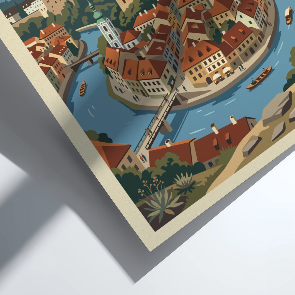 Poster featuring a stylized illustration of Cesky Krumlov with red rooftops and river.