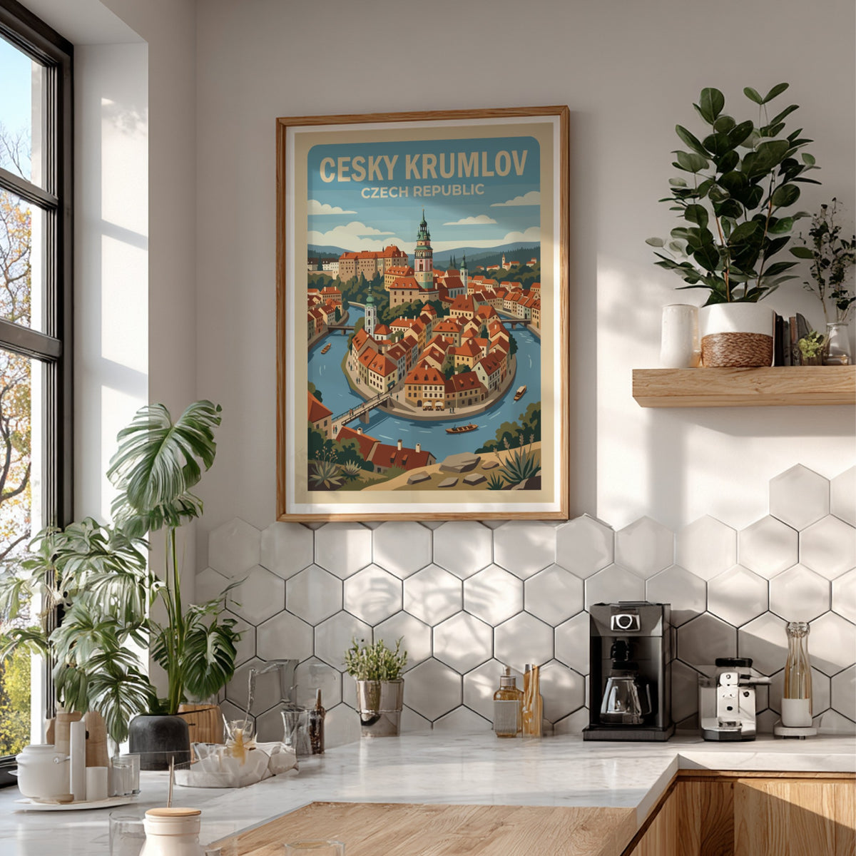 Poster featuring a stylized illustration of Cesky Krumlov with red rooftops and river.