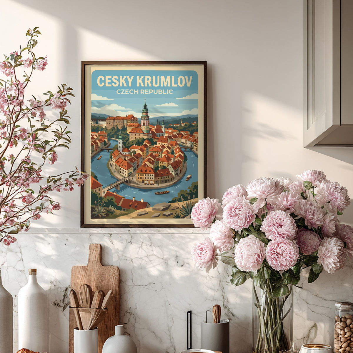 Poster featuring a stylized illustration of Cesky Krumlov with red rooftops and river.