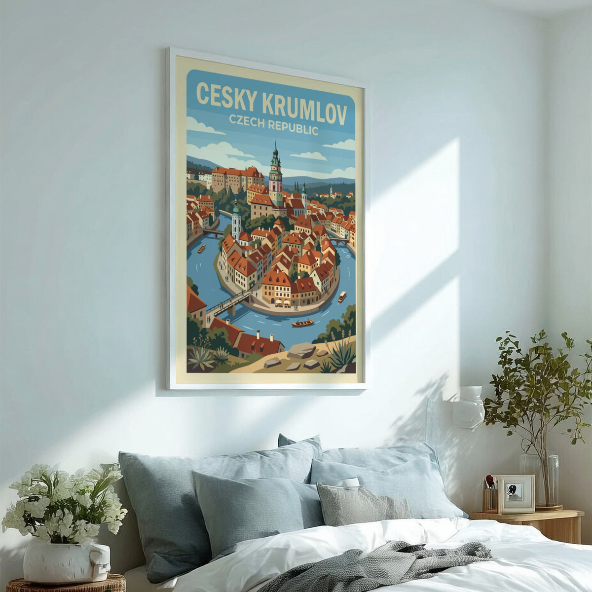 Poster featuring a stylized illustration of Cesky Krumlov with red rooftops and river.