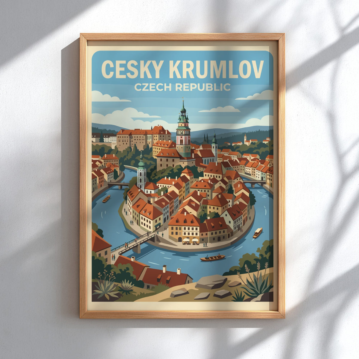 Poster featuring a stylized illustration of Cesky Krumlov with red rooftops and river.