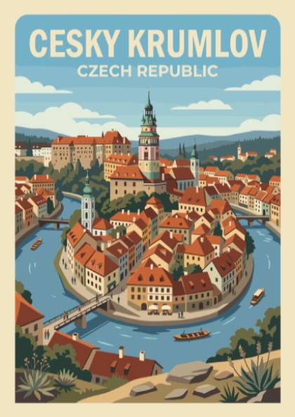 Poster featuring a stylized illustration of Cesky Krumlov with red rooftops and river.