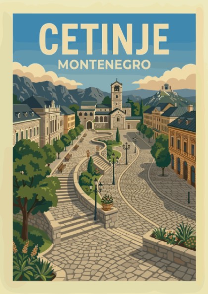 Retro travel poster of Cetinje, Montenegro, featuring cobblestone streets and historic architecture.