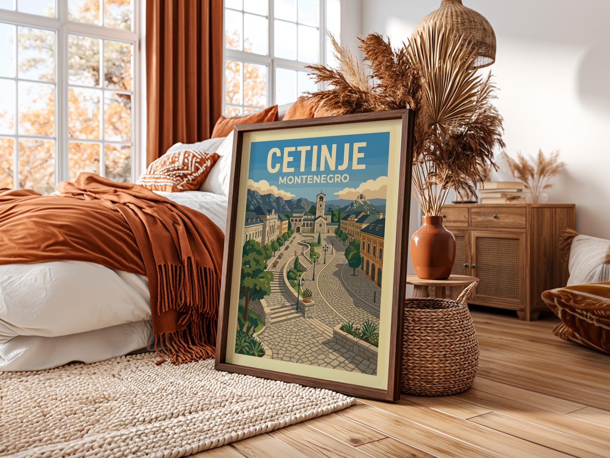 Retro travel poster of Cetinje, Montenegro, featuring cobblestone streets and historic architecture.