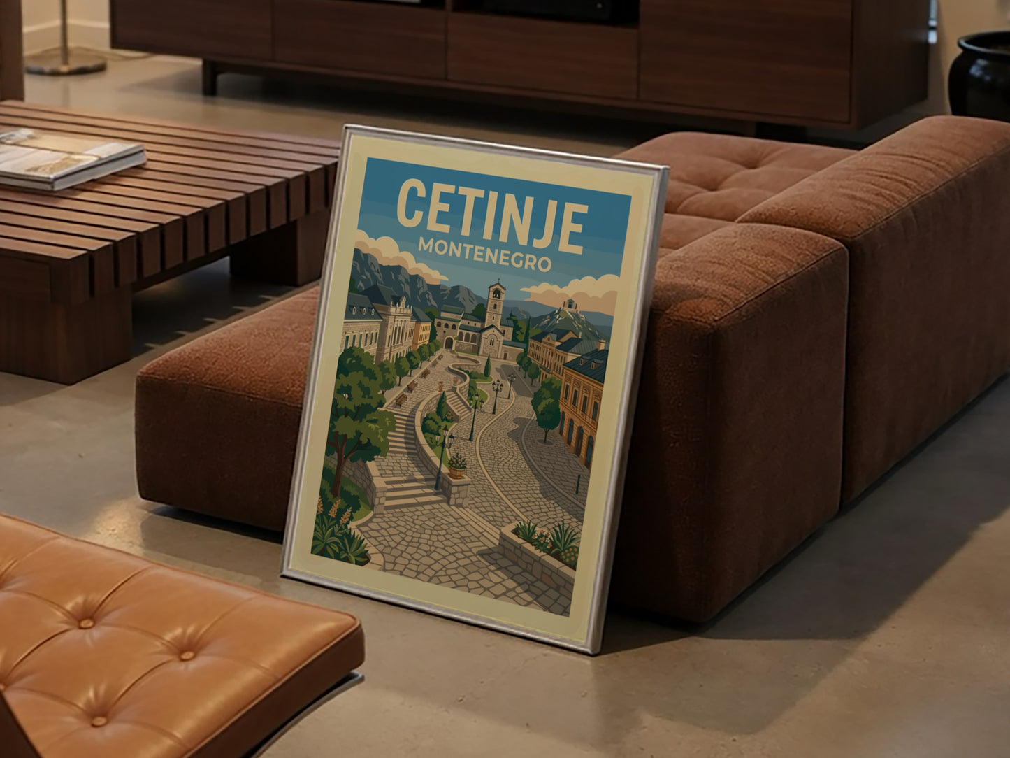 Retro travel poster of Cetinje, Montenegro, featuring cobblestone streets and historic architecture.