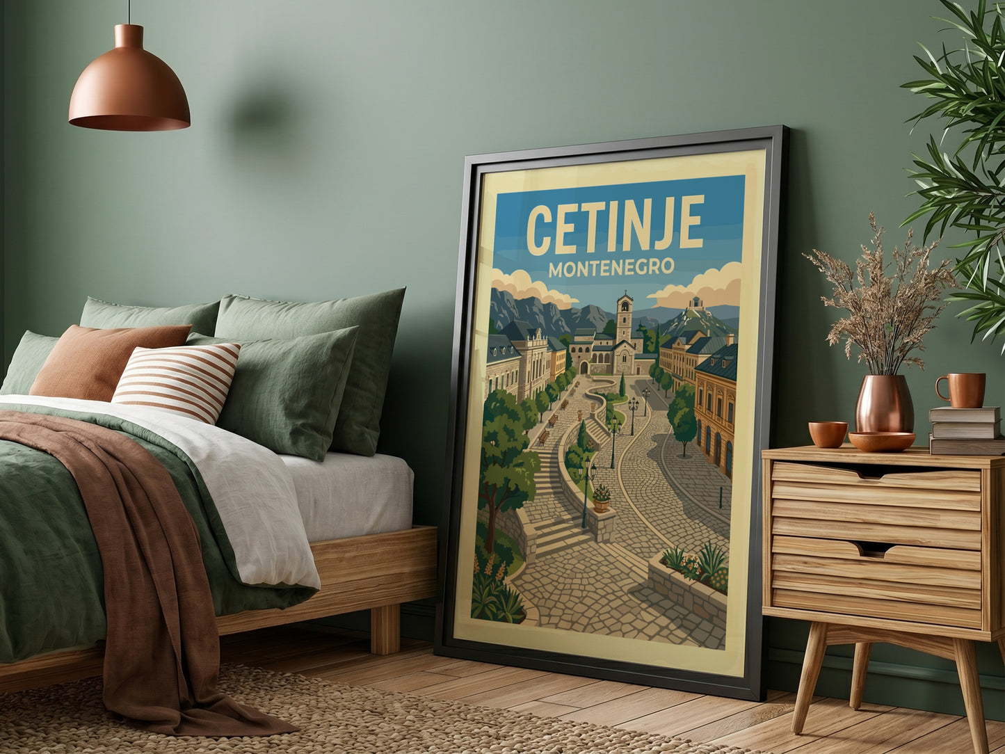 Retro travel poster of Cetinje, Montenegro, featuring cobblestone streets and historic architecture.