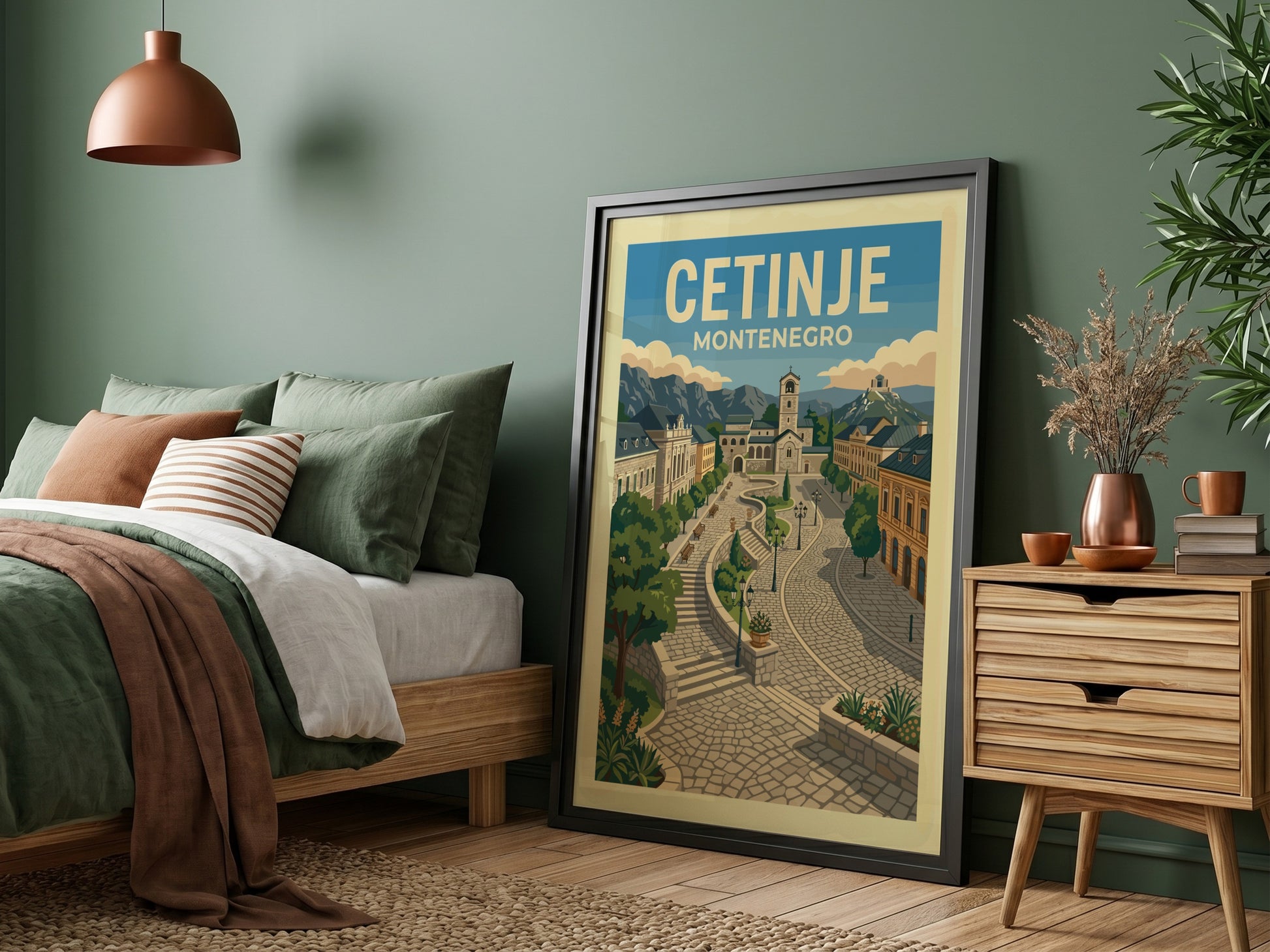 Retro travel poster of Cetinje, Montenegro, featuring cobblestone streets and historic architecture.