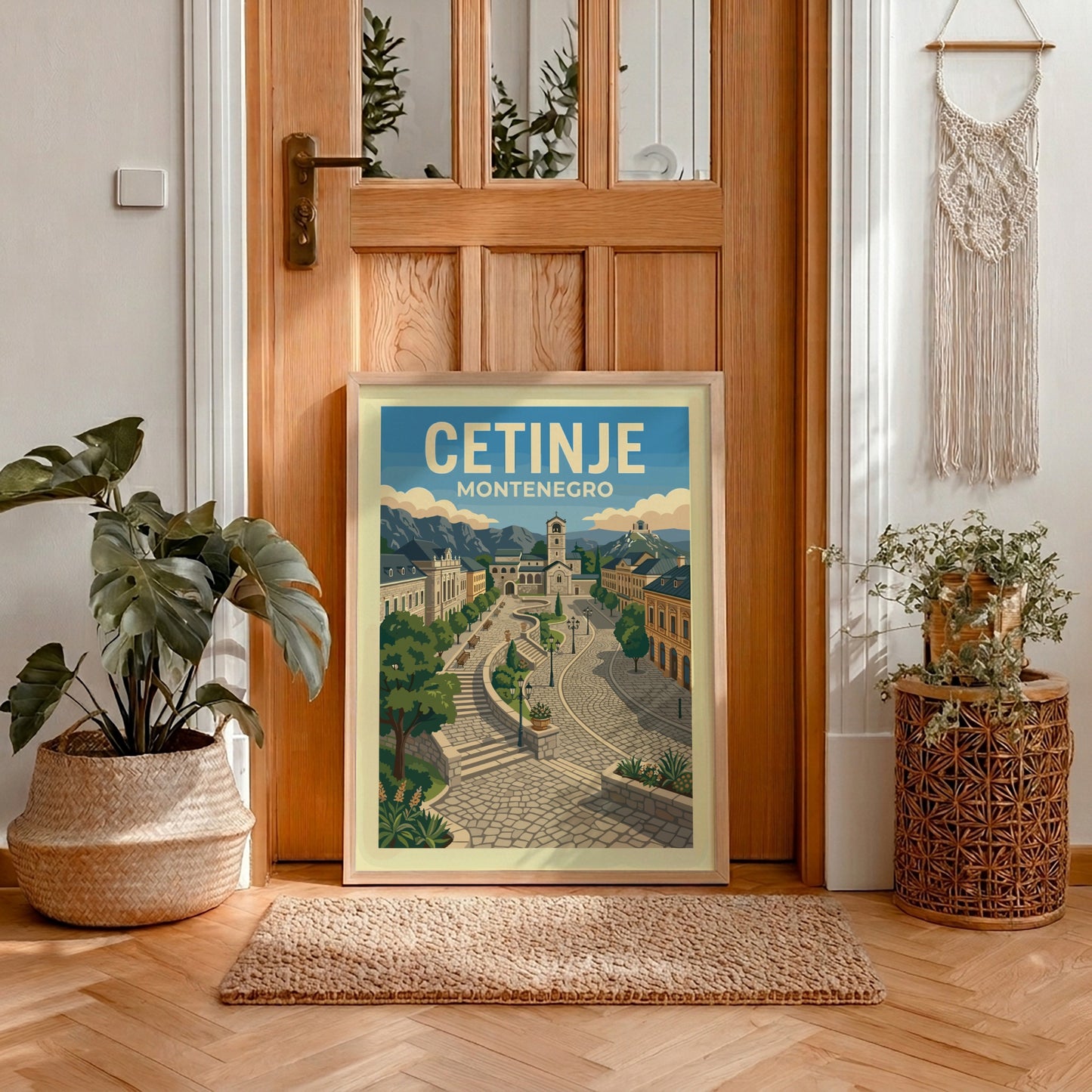 Retro travel poster of Cetinje, Montenegro, featuring cobblestone streets and historic architecture.