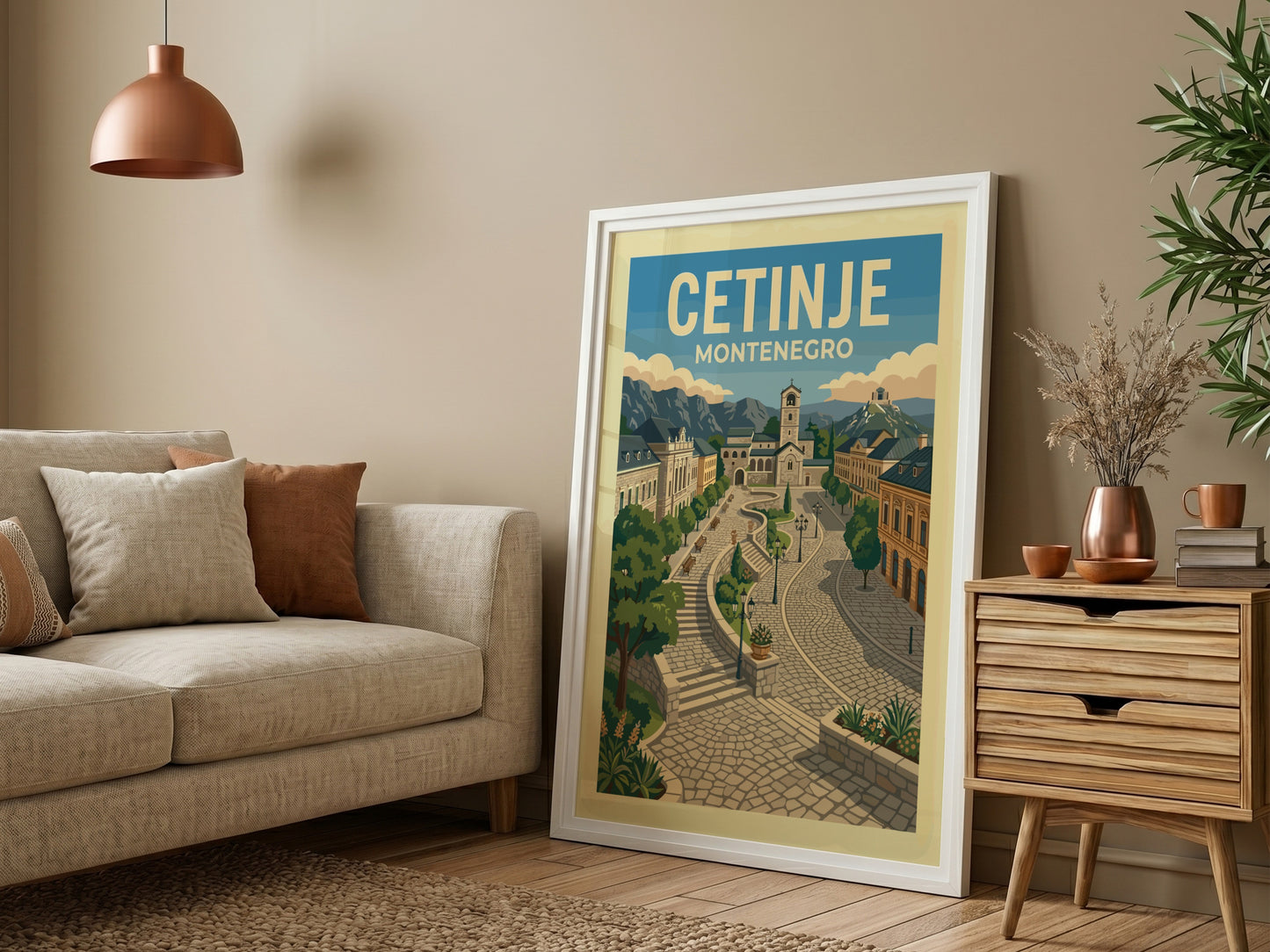 Retro travel poster of Cetinje, Montenegro, featuring cobblestone streets and historic architecture.