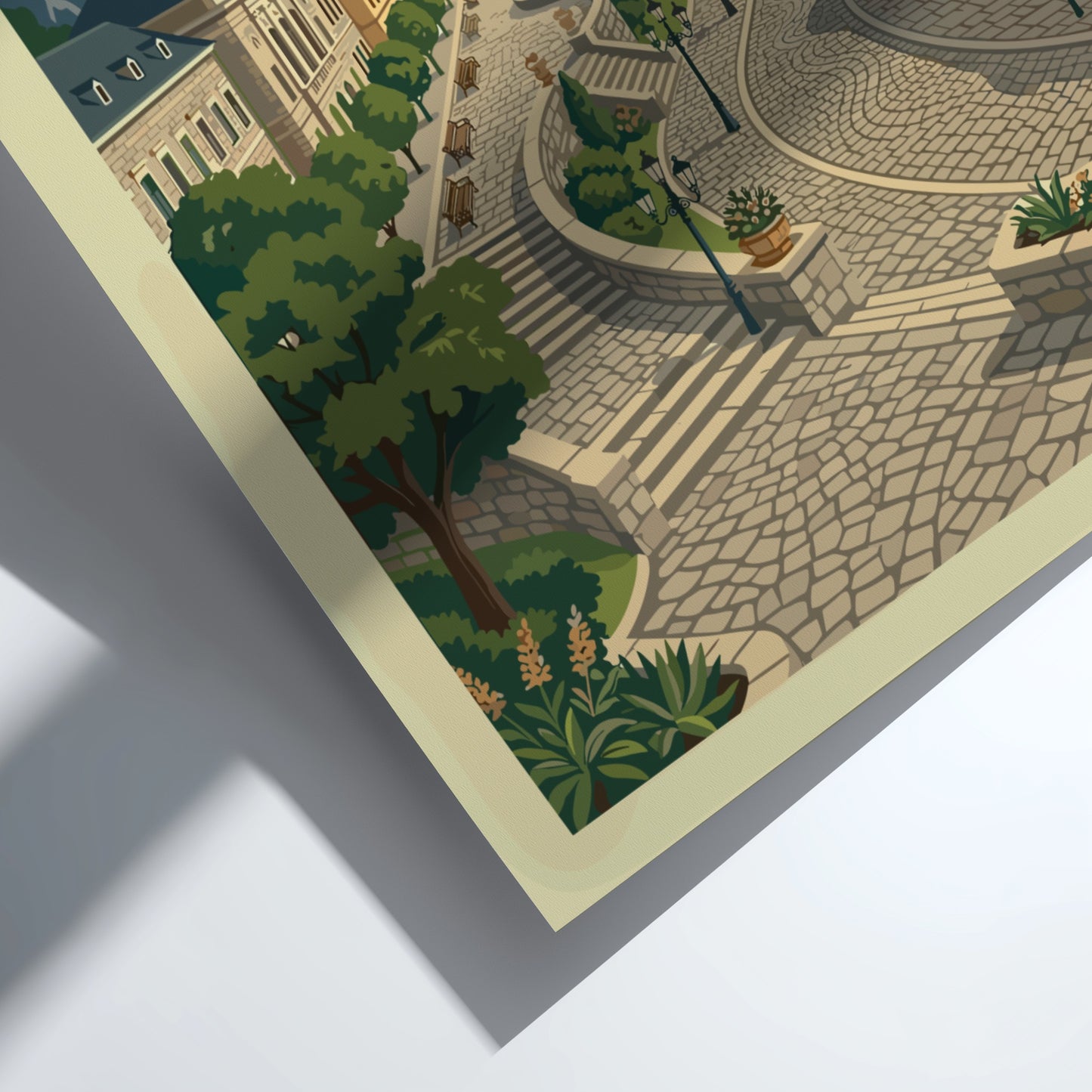 Retro travel poster of Cetinje, Montenegro, featuring cobblestone streets and historic architecture.