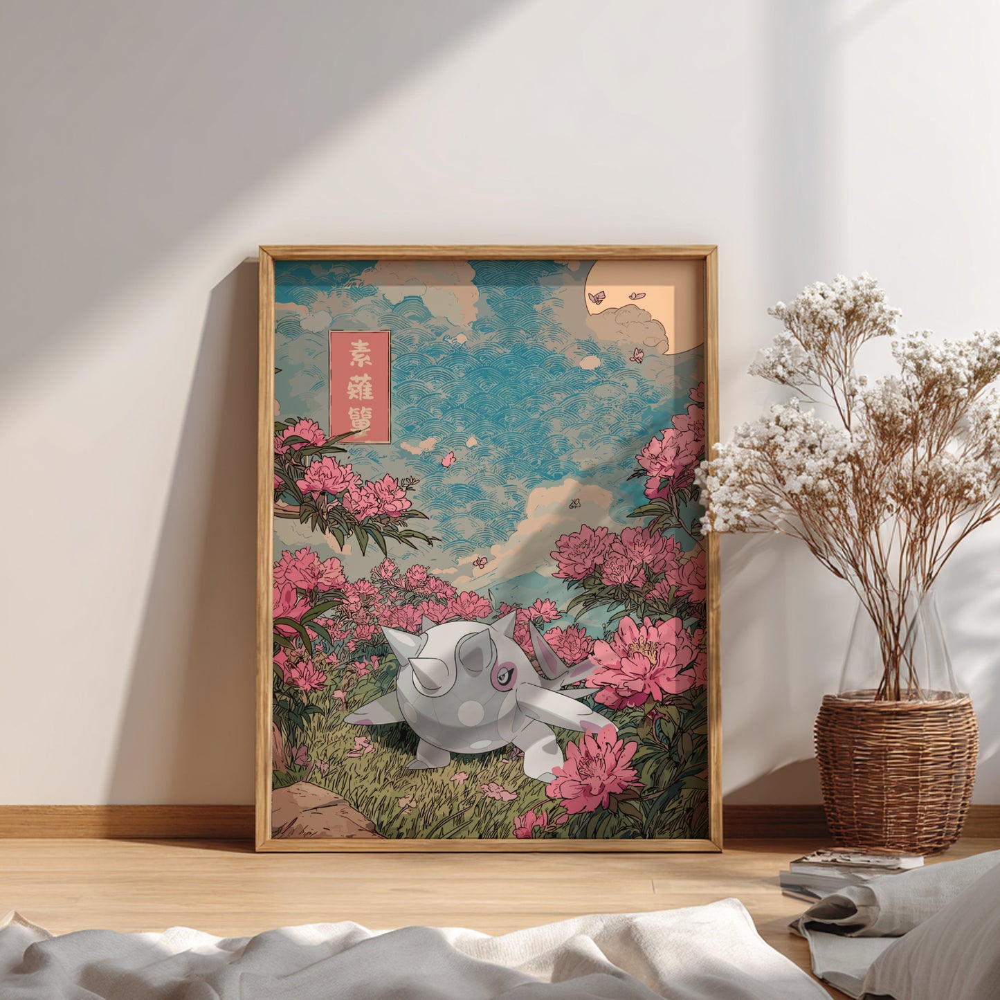 Framed artwork of Cetitan Pokemon character surrounded by pink flowers on a wall.