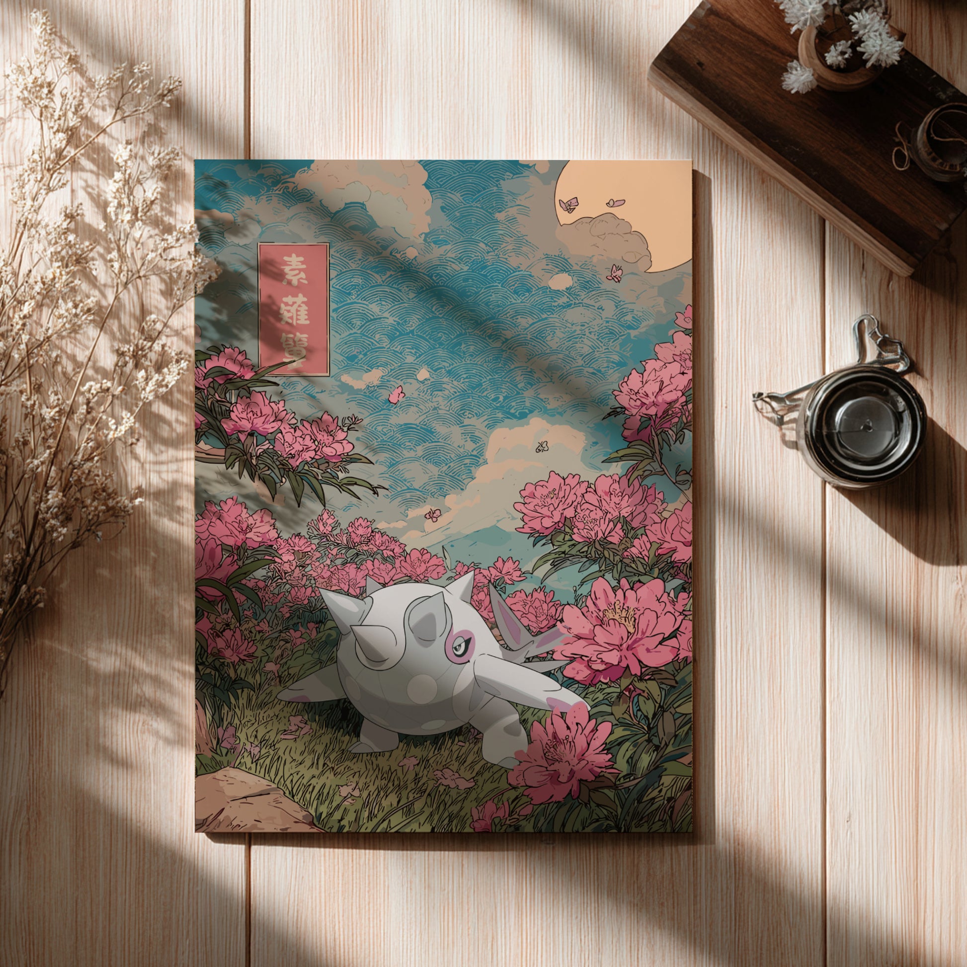 Poster with Cetitan Pokemon illustration on a wooden surface with flowers and a teacup.