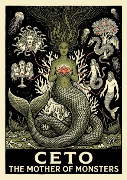 Ceto The Mother of Monsters Greek mythology poster in monochrome with green and coral accents, featuring