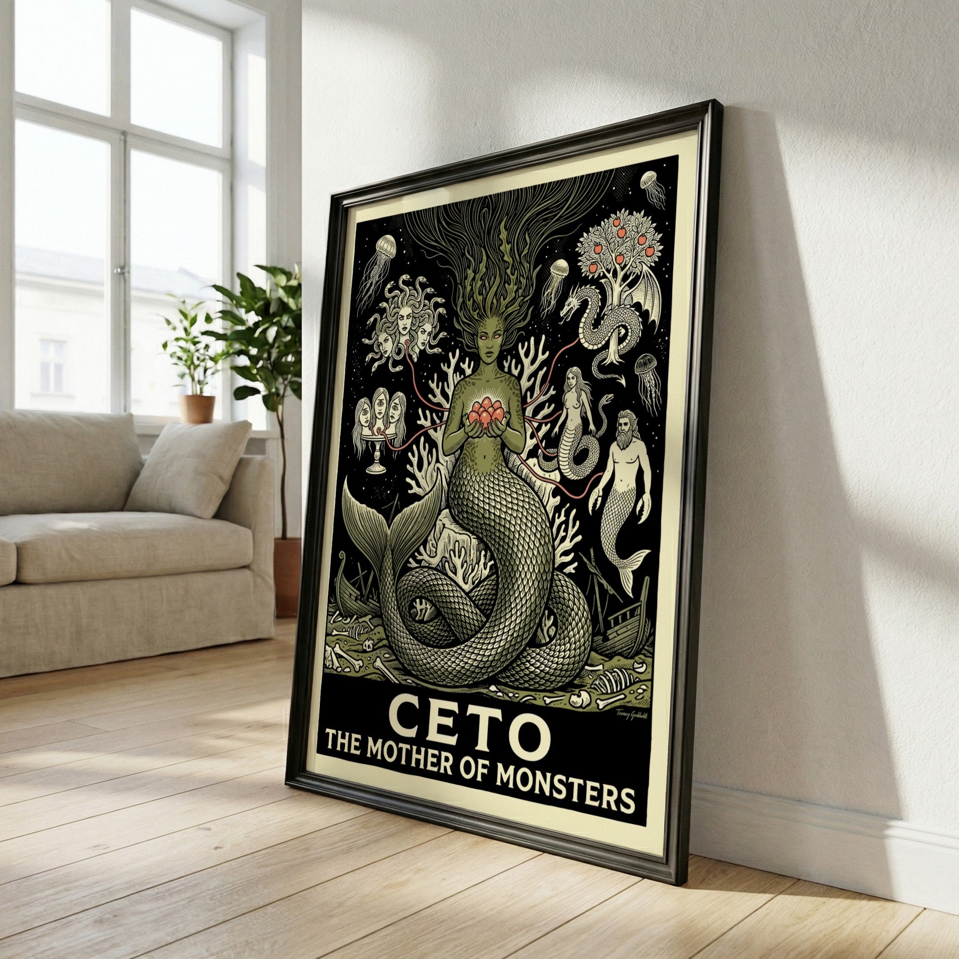 Ceto The Mother of Monsters Greek mythology poster in monochrome with green and coral accents, featuring