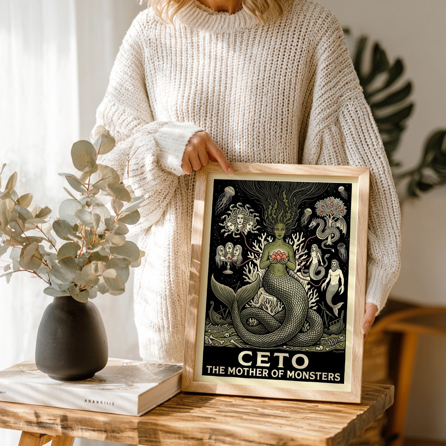 Ceto The Mother of Monsters Greek mythology poster in monochrome with green and coral accents, featuring