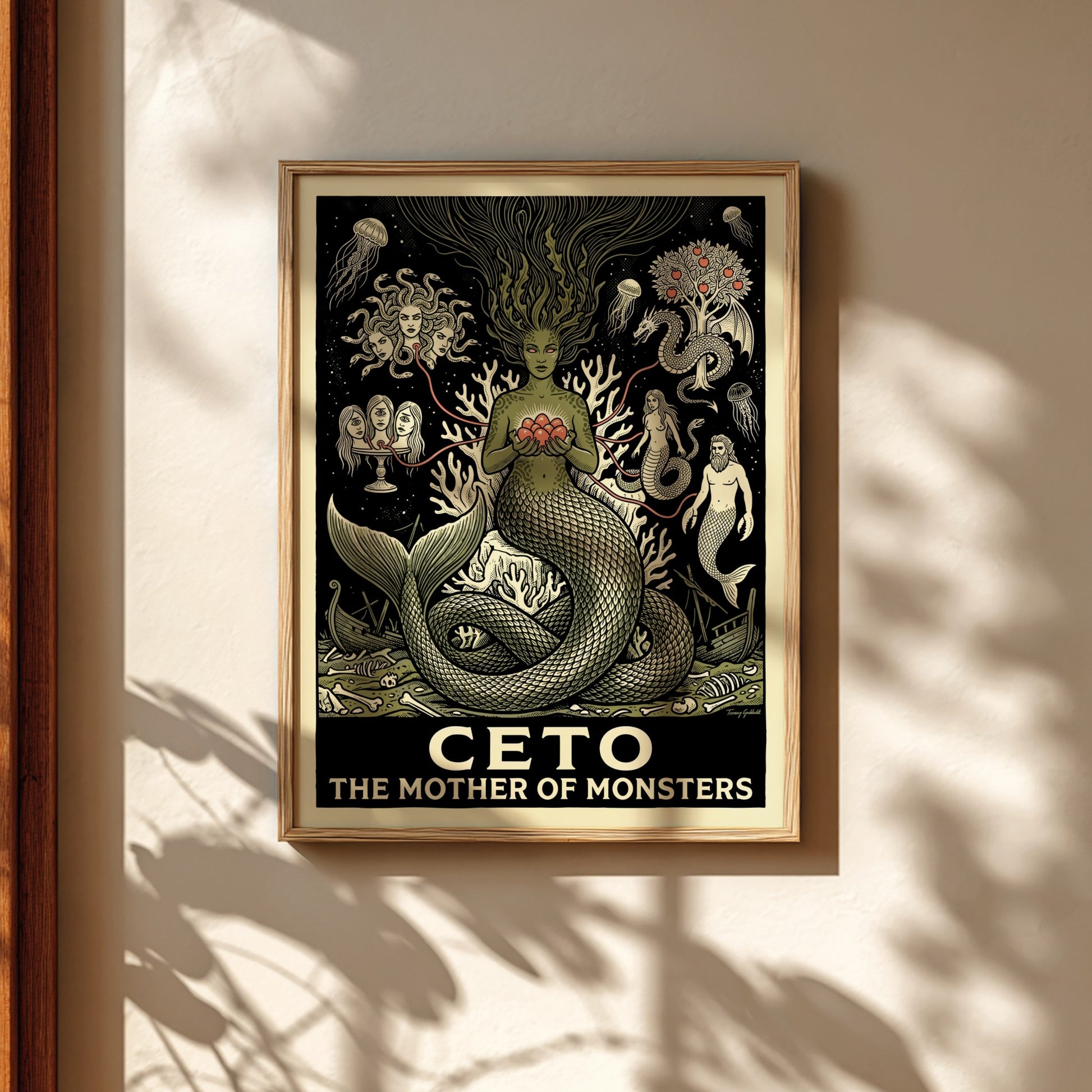 Ceto The Mother of Monsters Greek mythology poster in monochrome with green and coral accents, featuring