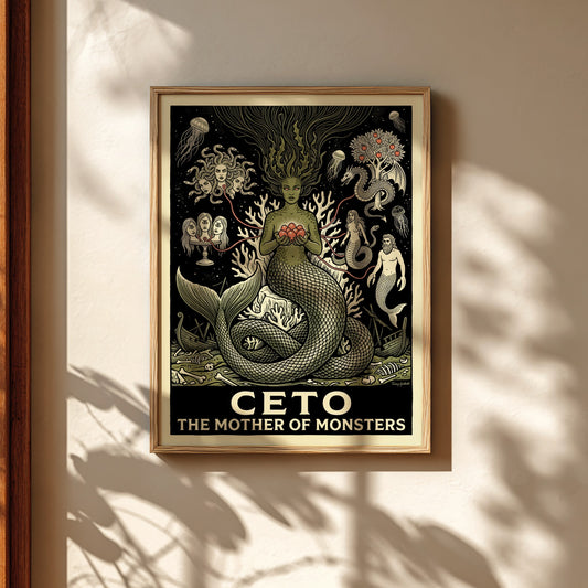 Ceto The Mother of Monsters Greek mythology poster in monochrome with green and coral accents, featuring