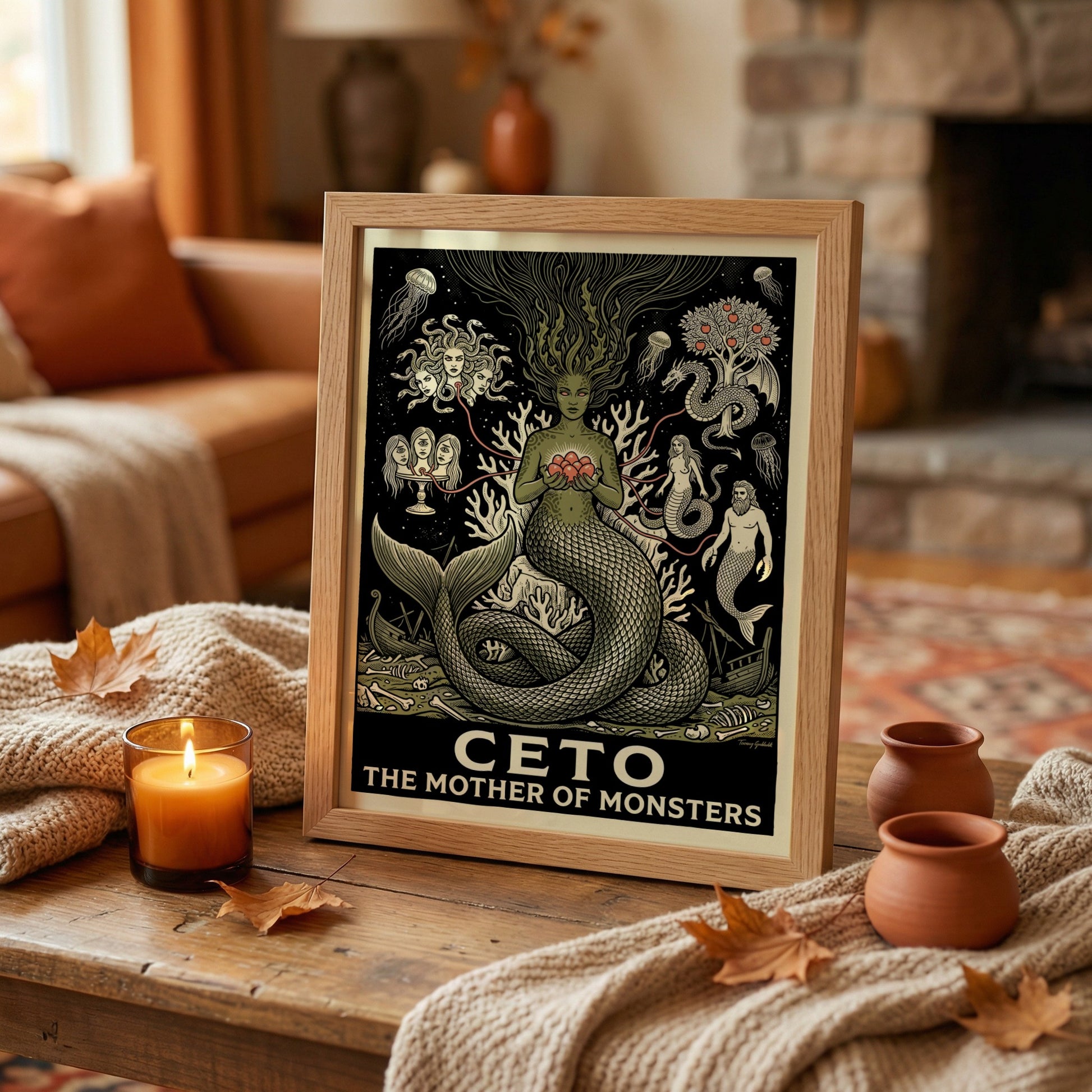 Ceto The Mother of Monsters Greek mythology poster in monochrome with green and coral accents, featuring