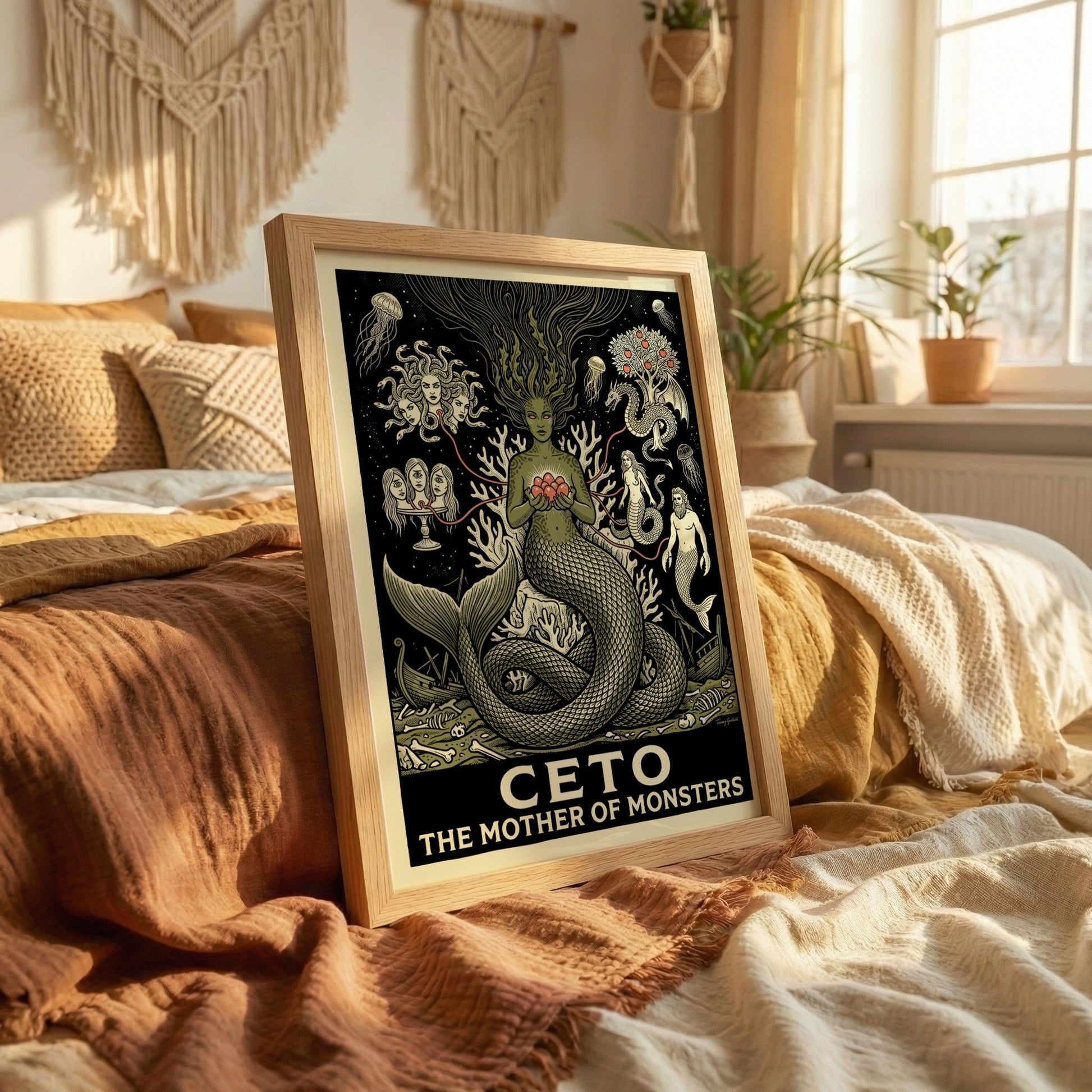 Ceto The Mother of Monsters Greek mythology poster in monochrome with green and coral accents, featuring