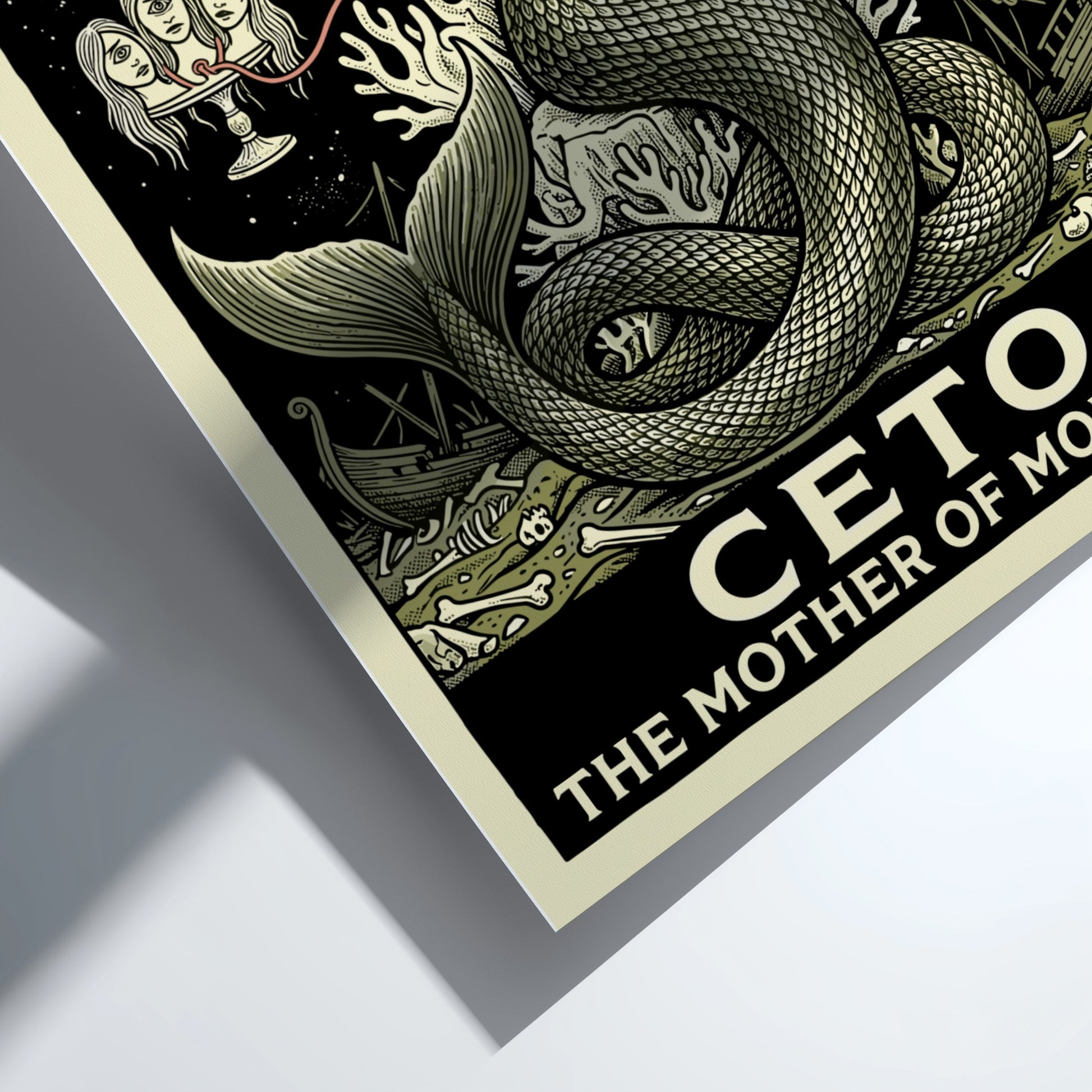 Ceto The Mother of Monsters Greek mythology poster in monochrome with green and coral accents, featuring