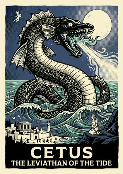Cetus sea monster poster with Greek mythology theme, featuring a large sea serpent, waves, and a coastal town.