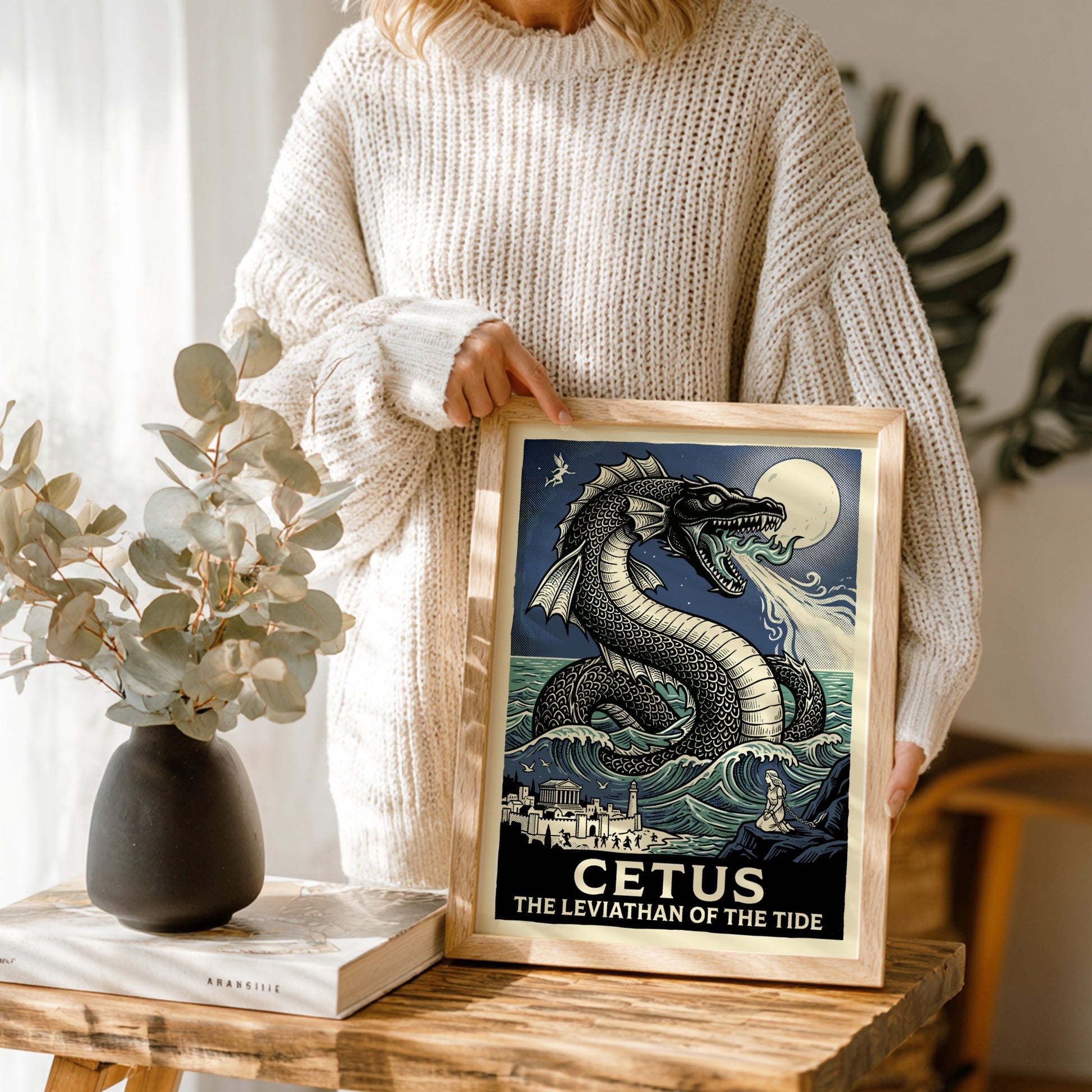 Cetus sea monster poster with Greek mythology theme, featuring a large sea serpent, waves, and a coastal town.