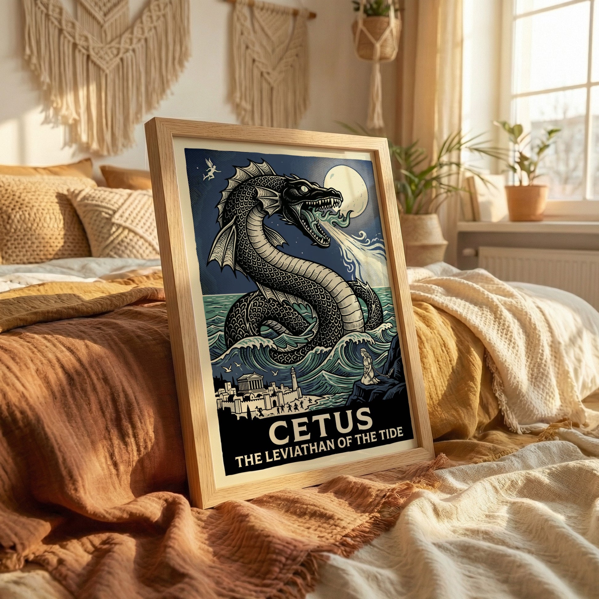 Cetus sea monster poster with Greek mythology theme, featuring a large sea serpent, waves, and a coastal town.