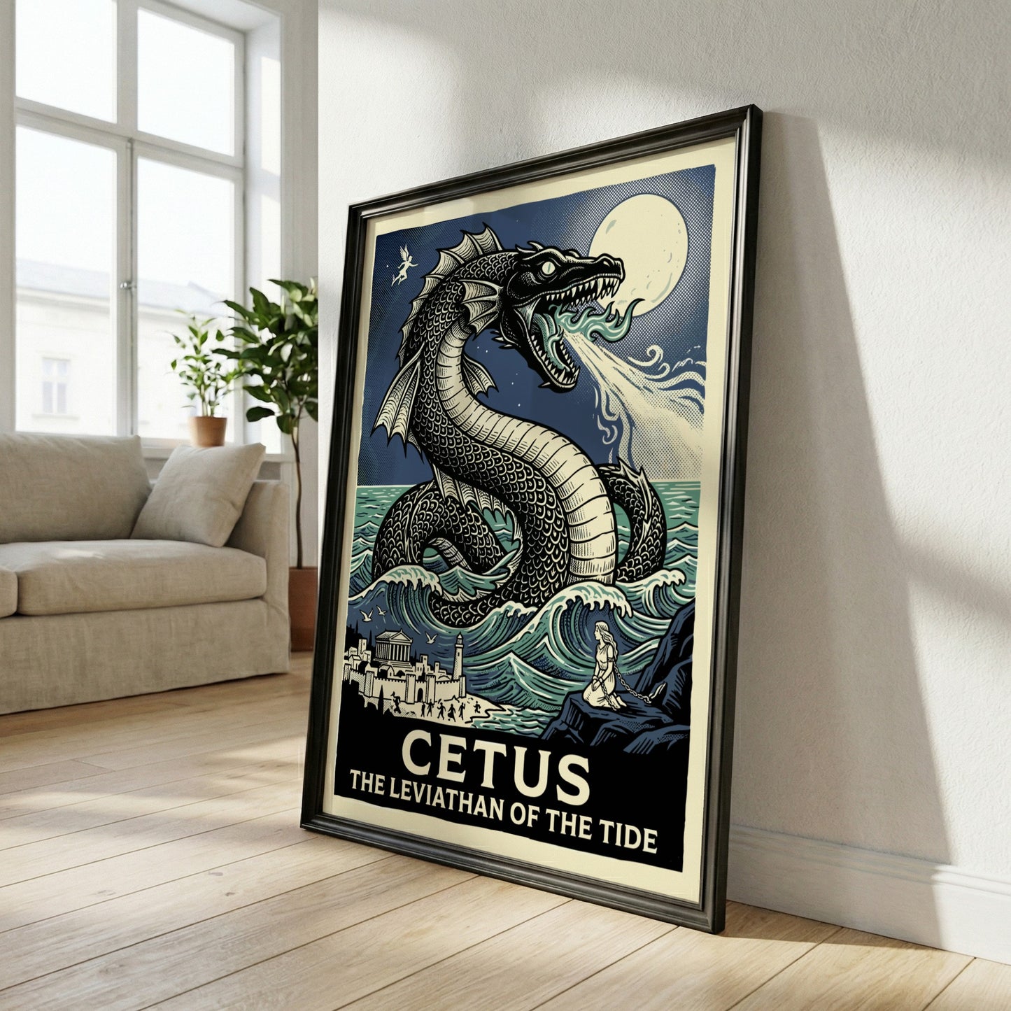 Cetus sea monster poster with Greek mythology theme, featuring a large sea serpent, waves, and a coastal town.
