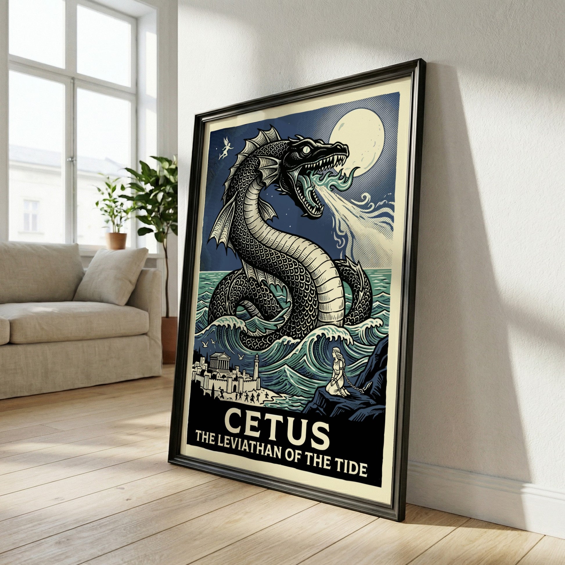 Cetus sea monster poster with Greek mythology theme, featuring a large sea serpent, waves, and a coastal town.