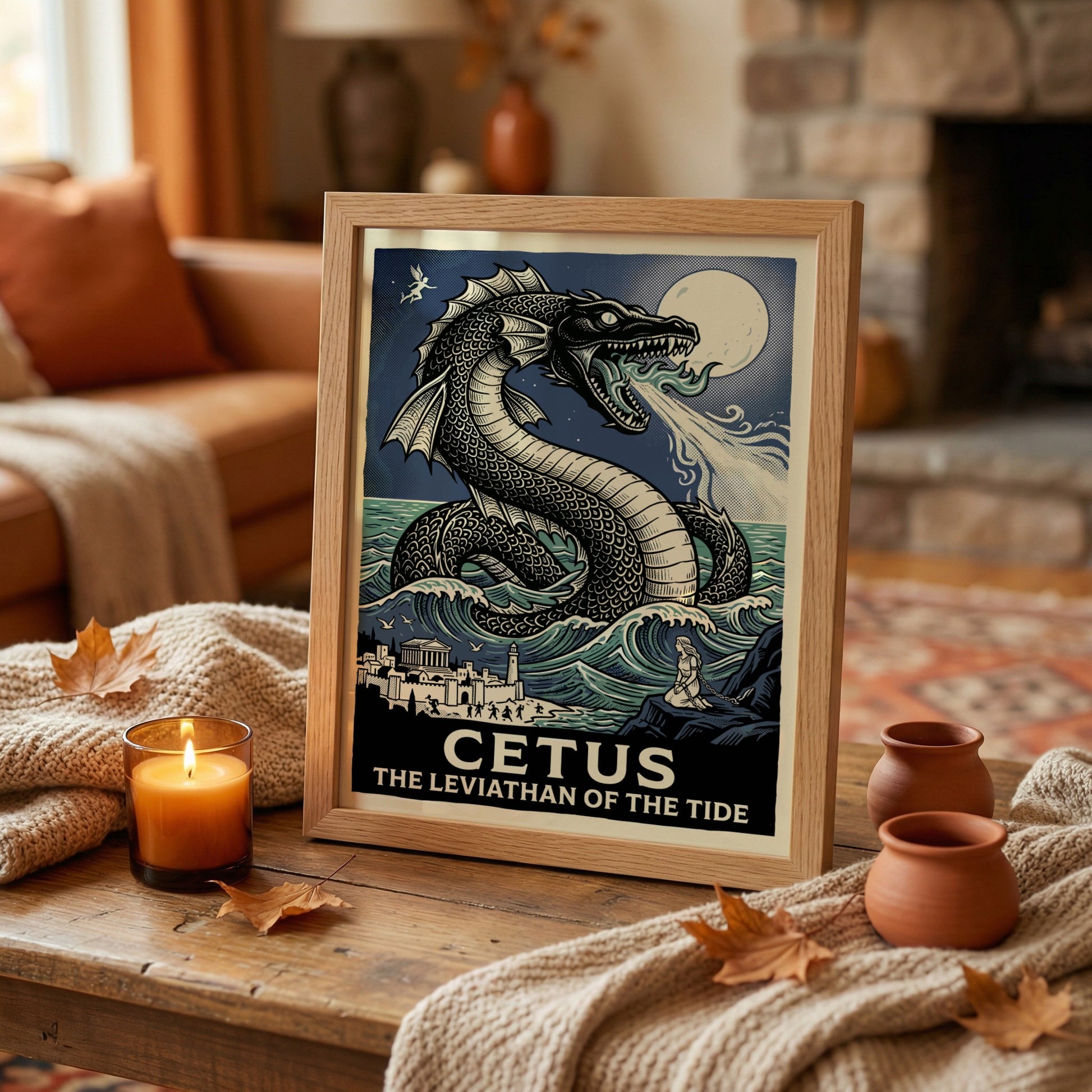 Cetus sea monster poster with Greek mythology theme, featuring a large sea serpent, waves, and a coastal town.