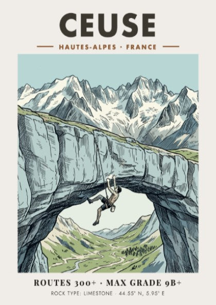 Poster featuring a climber on a limestone arch in the Ceuse French Alps.