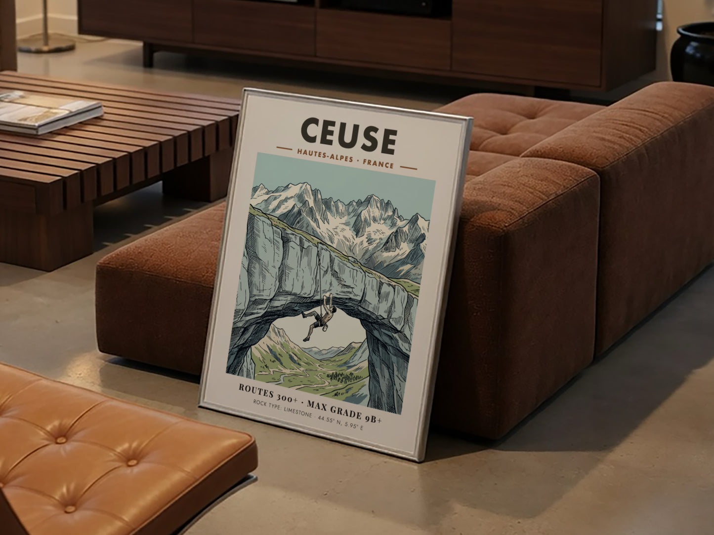 Poster featuring a climber on a limestone arch in the Ceuse French Alps.