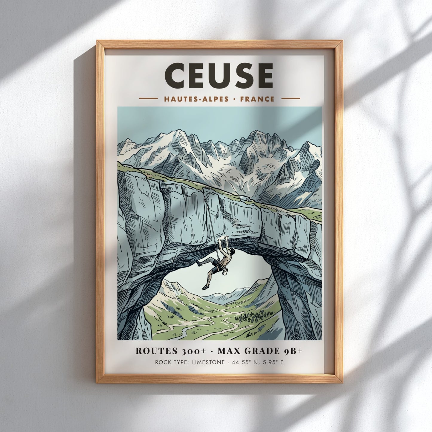 Poster featuring a climber on a limestone arch in the Ceuse French Alps.