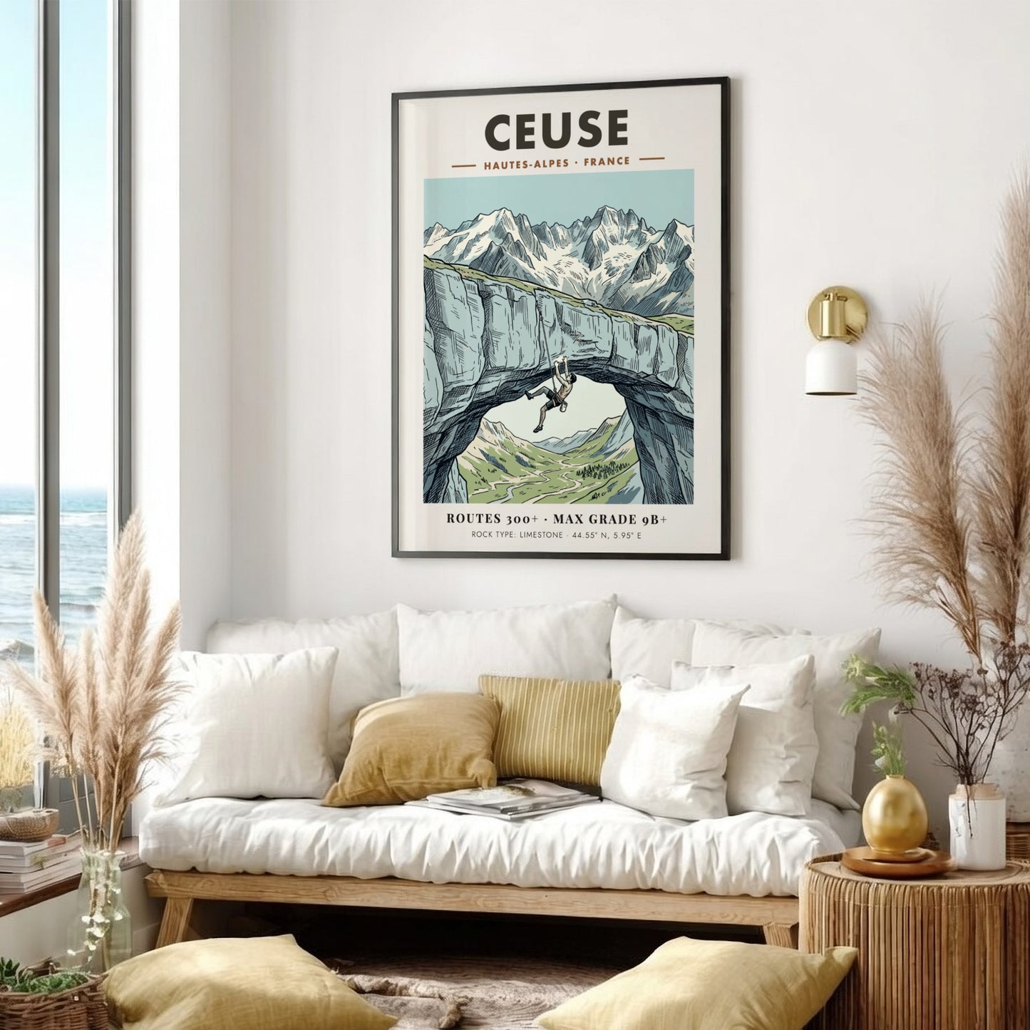 Poster featuring a climber on a limestone arch in the Ceuse French Alps.