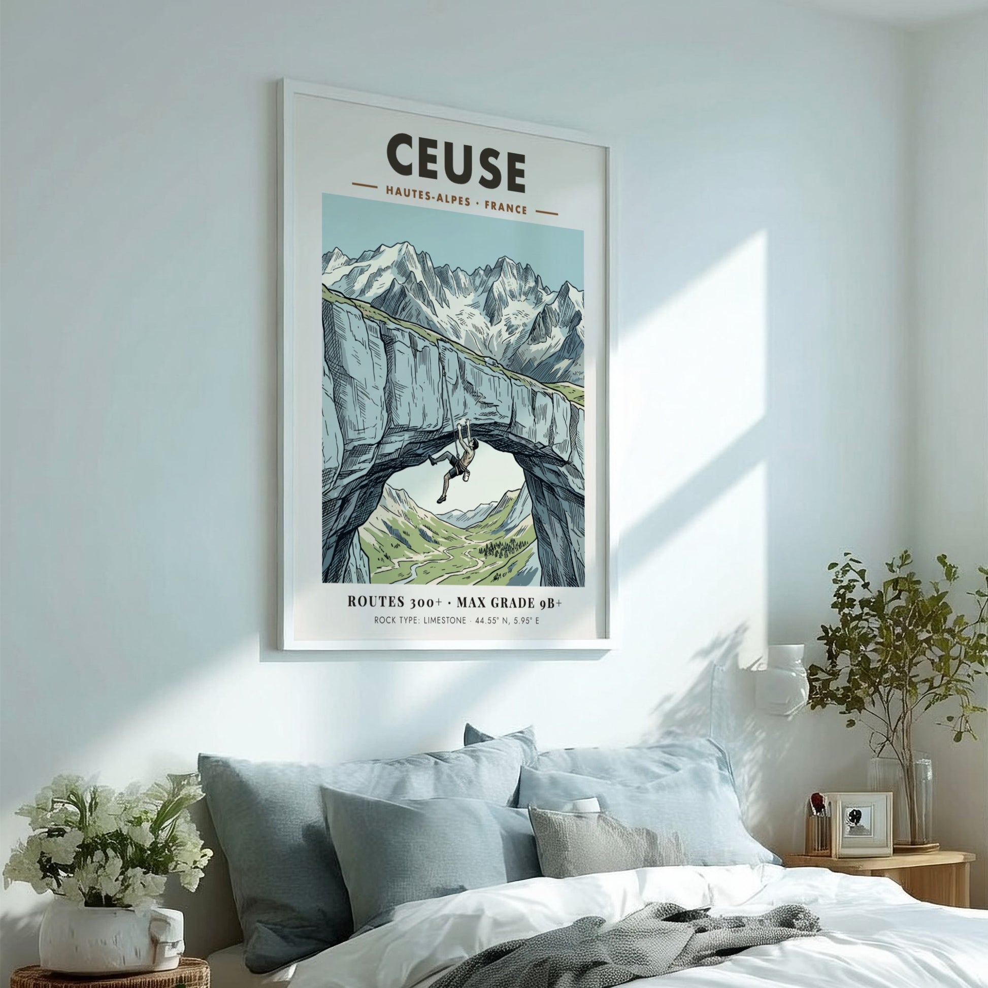 Poster featuring a climber on a limestone arch in the Ceuse French Alps.