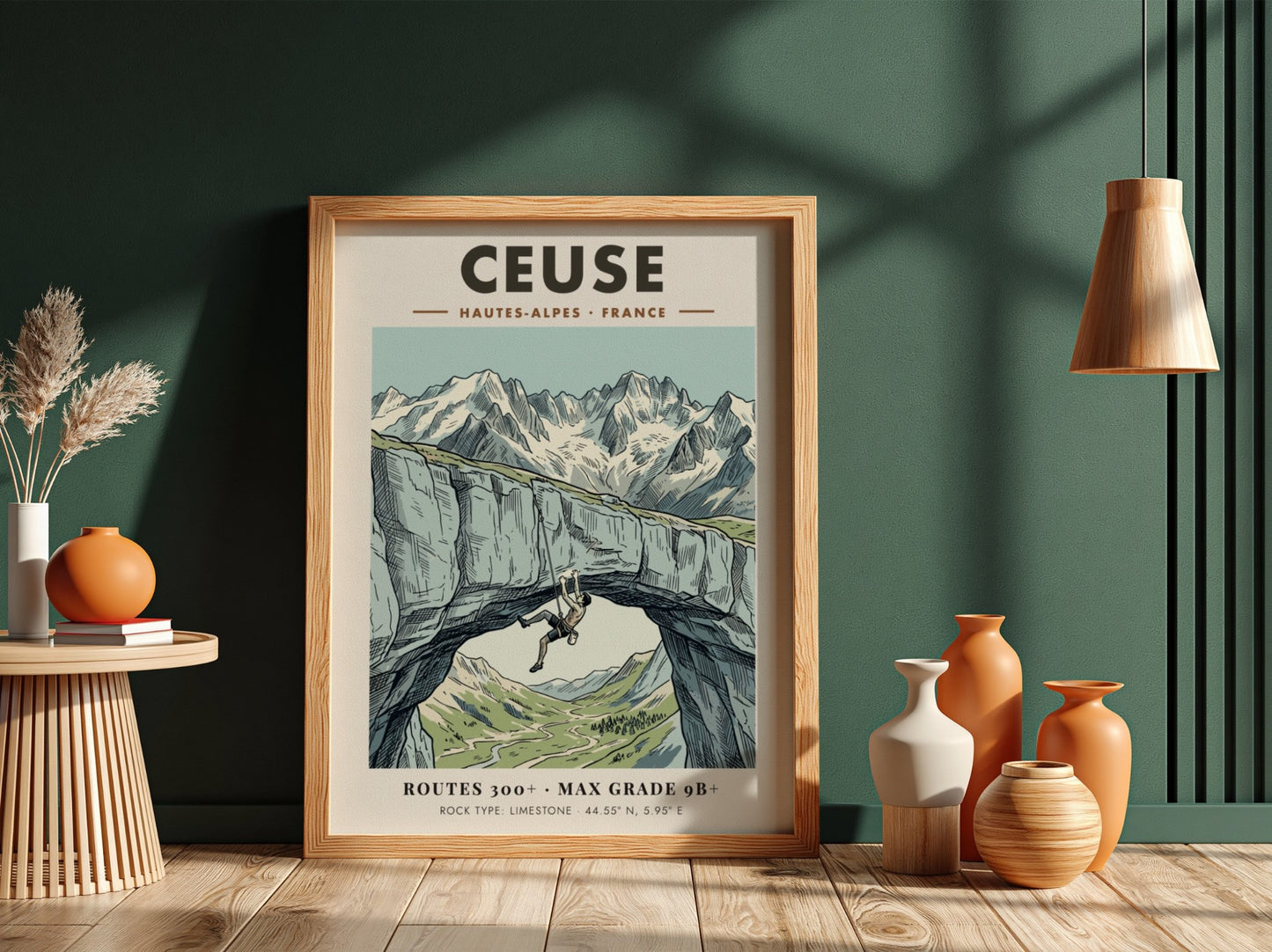 Poster featuring a climber on a limestone arch in the Ceuse French Alps.