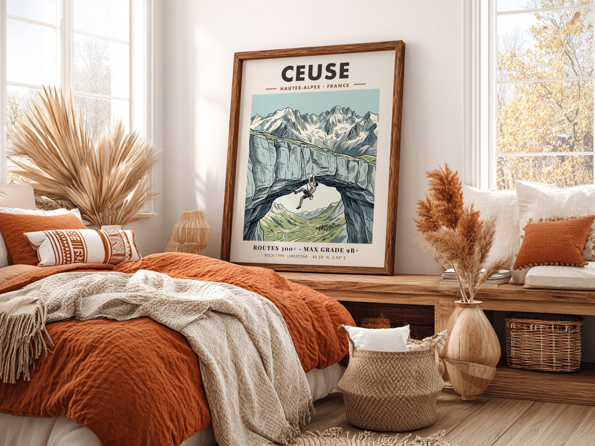 Poster featuring a climber on a limestone arch in the Ceuse French Alps.