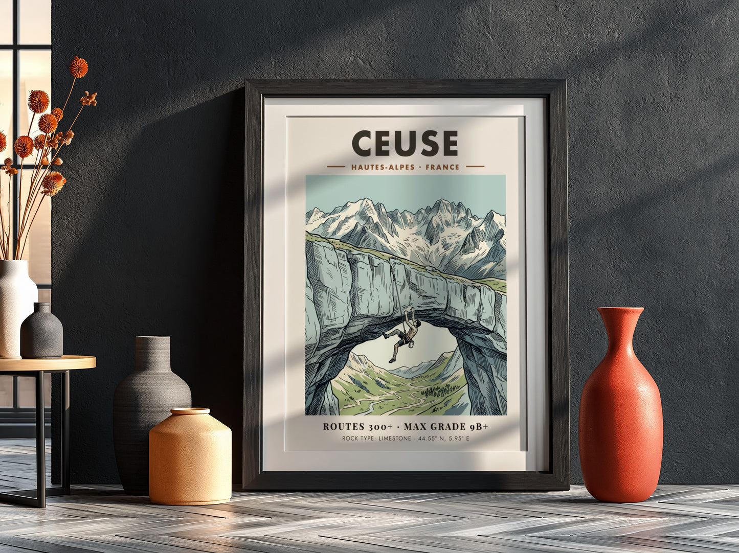 Poster featuring a climber on a limestone arch in the Ceuse French Alps.