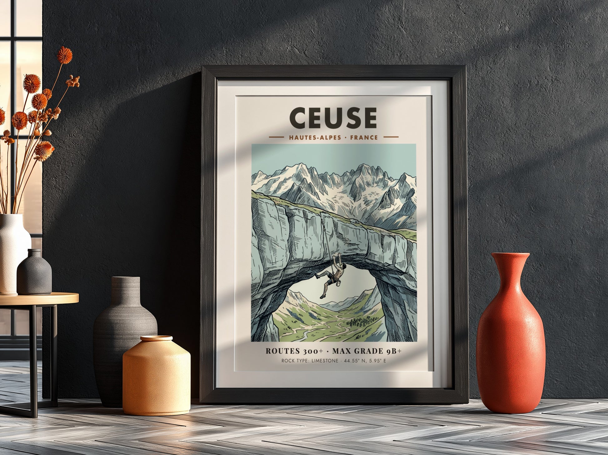 Poster featuring a climber on a limestone arch in the Ceuse French Alps.
