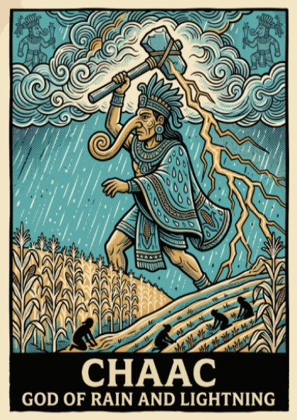 Poster featuring Chaac the Mayan god of rain and lightning in blue tones.