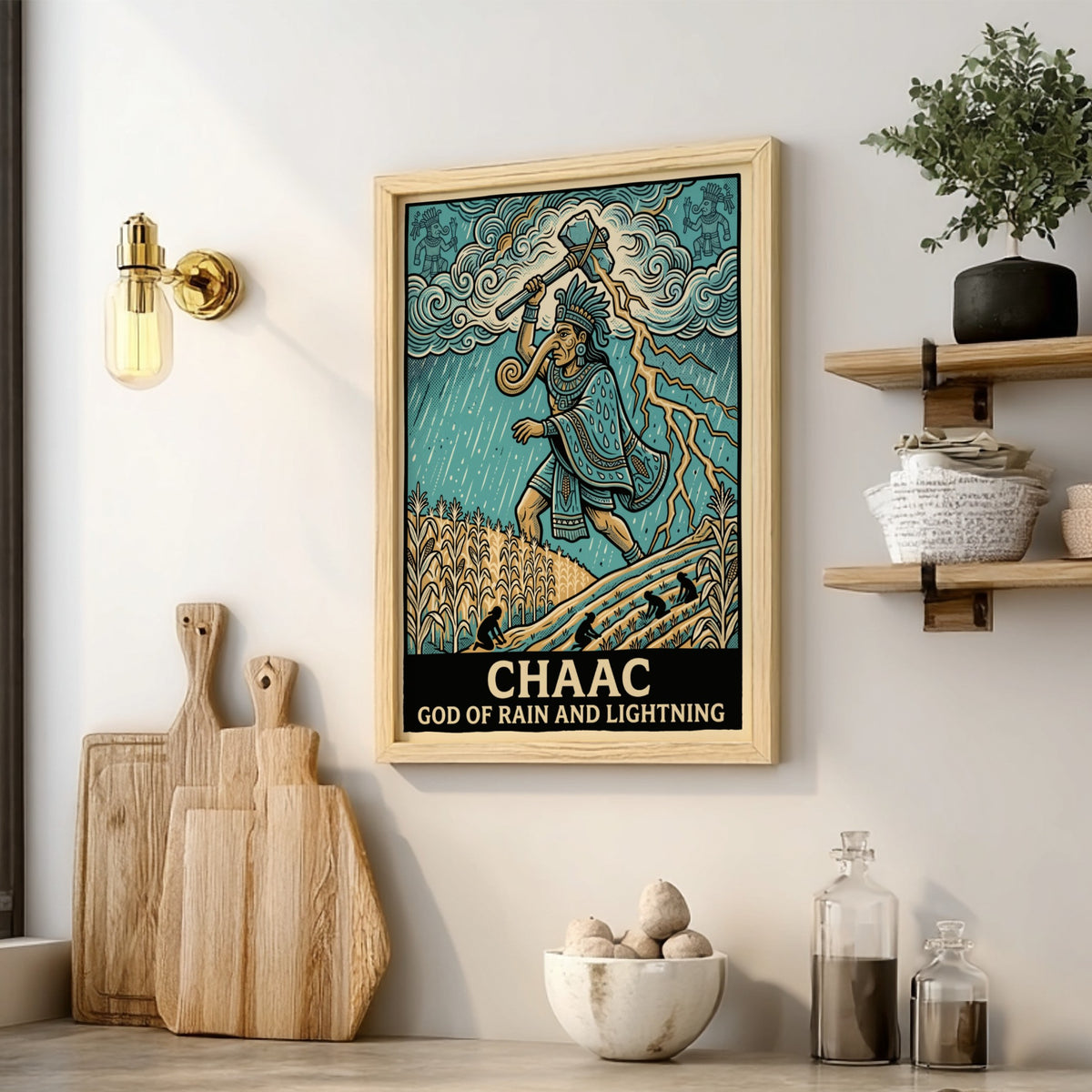 Poster featuring Chaac the Mayan god of rain and lightning in blue tones.