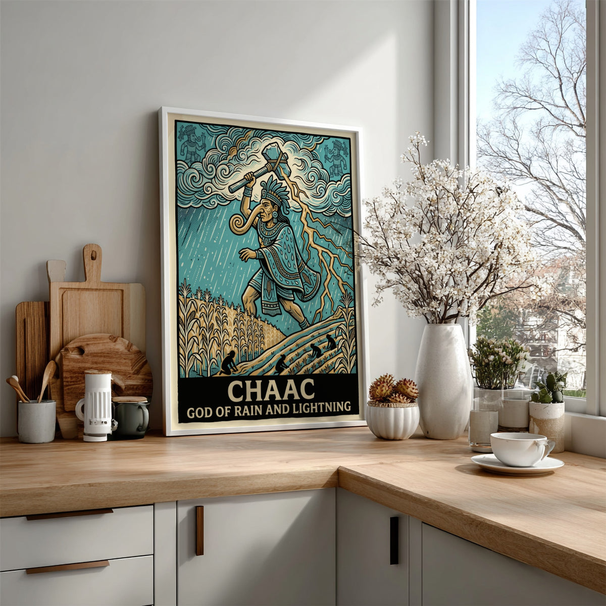 Poster featuring Chaac the Mayan god of rain and lightning in blue tones.