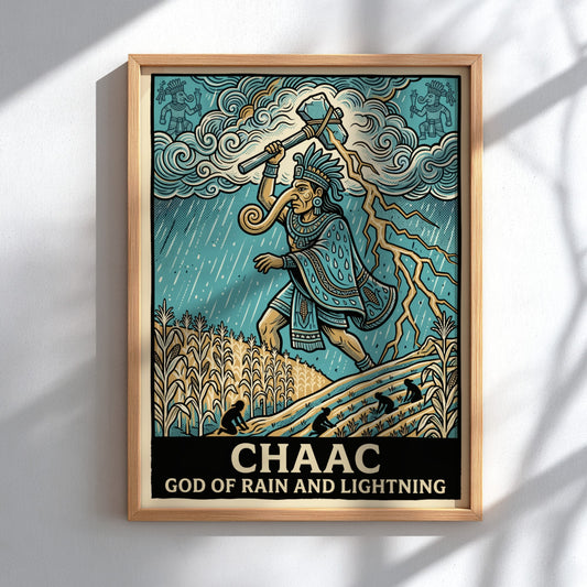 Poster featuring Chaac the Mayan god of rain and lightning in blue tones.