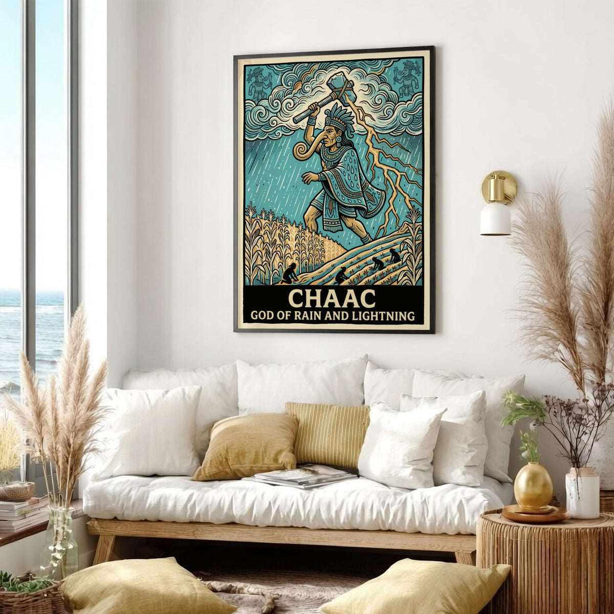 Poster featuring Chaac the Mayan god of rain and lightning in blue tones.
