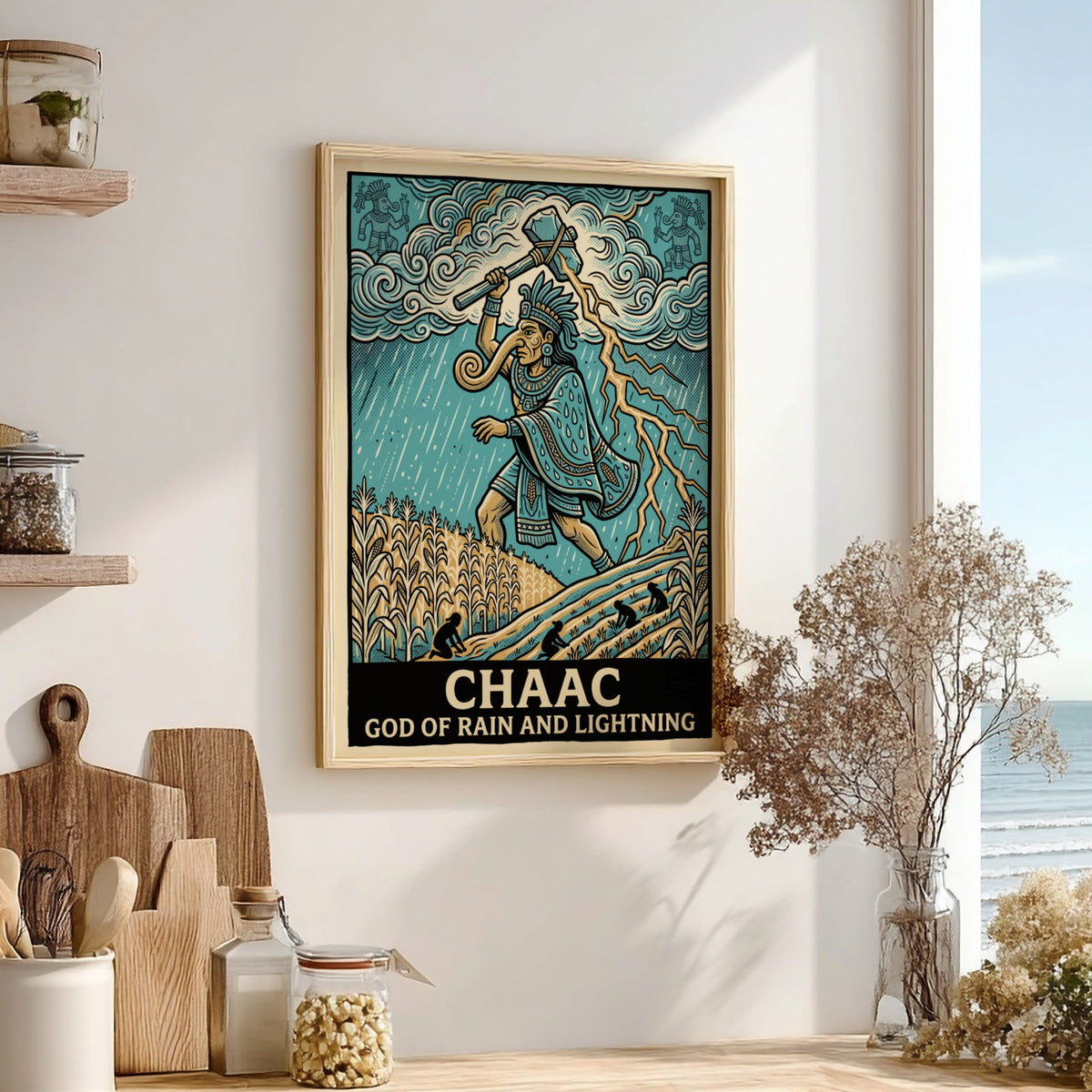Poster featuring Chaac the Mayan god of rain and lightning in blue tones.