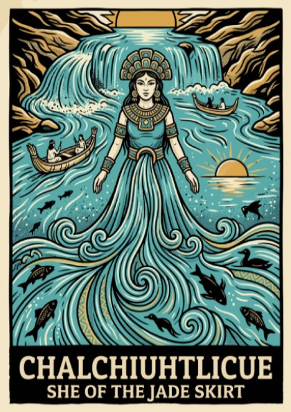 Poster of Chalchiuhtlicue as a water goddess with jade robes and flowing waterfall elements.