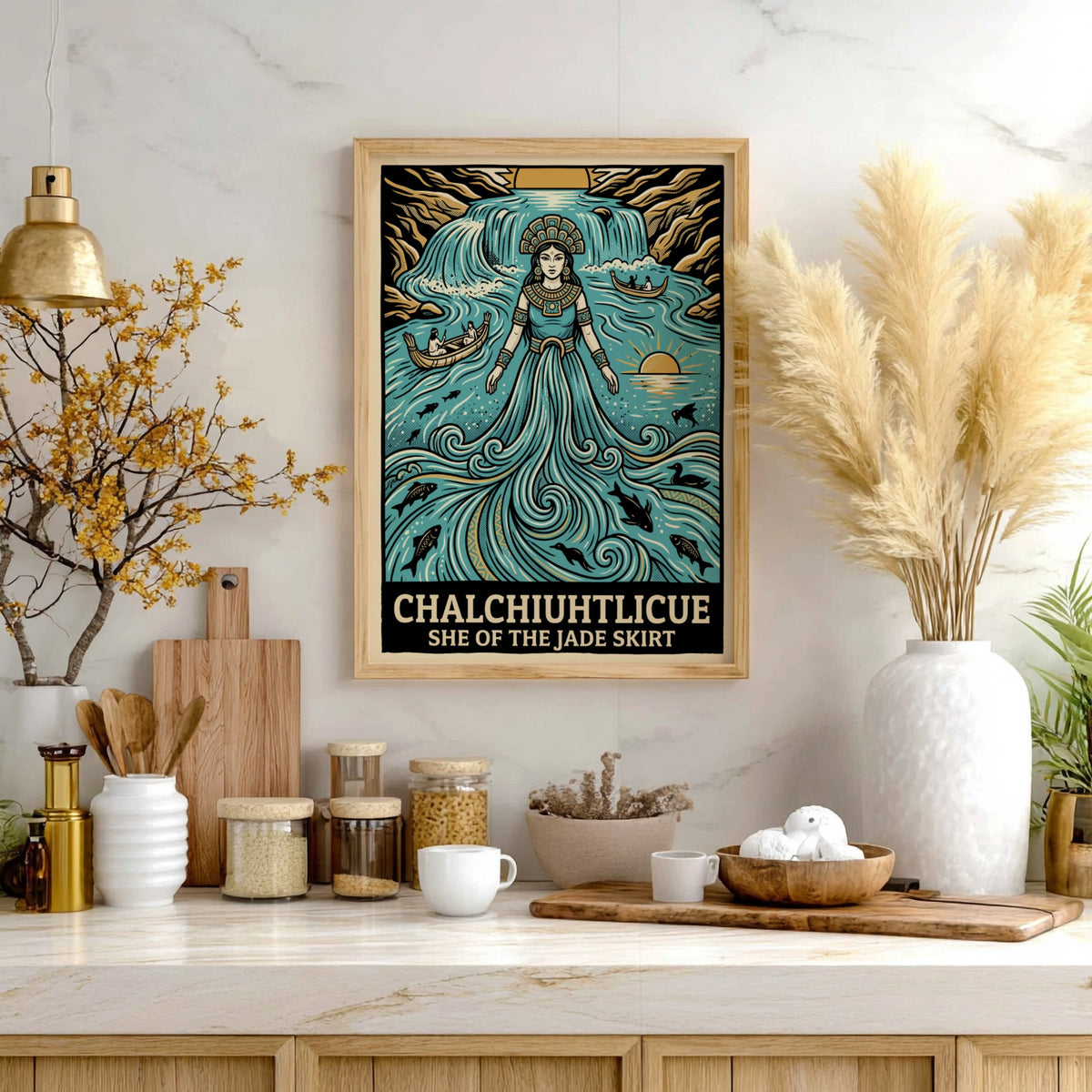 Poster of Chalchiuhtlicue as a water goddess with jade robes and flowing waterfall elements.