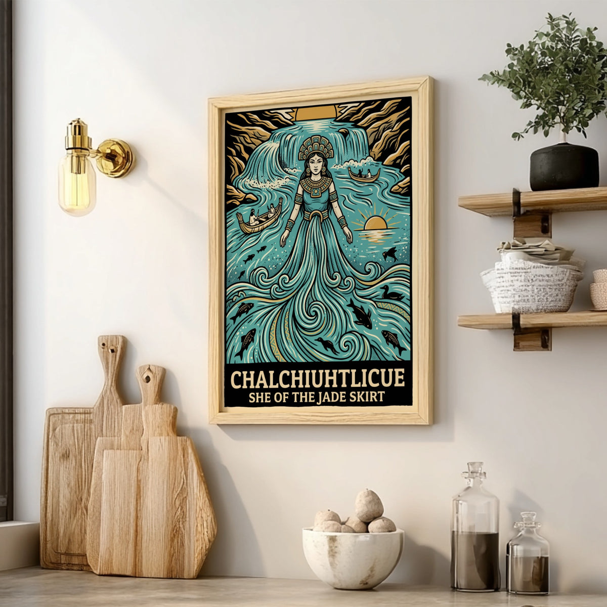 Poster of Chalchiuhtlicue as a water goddess with jade robes and flowing waterfall elements.